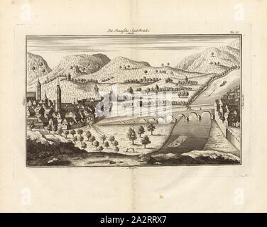 Il Jenaische Saal bridge. Eva, vecchio ponte Saale in Jena (Turingia), Fig. 28, n. 35, dopo p. 96, Breitkopf, Bernhard Christoph (ed.), 1735, Carl Schramm cristiana: Historischer Schauplatz in welchem die merkwürdigsten Brücken aus allen Theilen der Welt, insonderheit aber die in den vollkommensten Stand versetzte Dresdner Elb-Brücke, in saubern Prospecten, Münzen und andern Kupferstichen, vorgestellet und beschrieben werden. Lipsia: Bey Bernhard Christoph Breitkopf, 1735 Foto Stock
