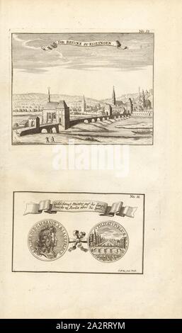 Il ponte a Esslingen e moneta di memoria sul lungo ponte a Berlino per la Sprea, arco in pietra ponte su weir e Rossneckerkanal a Esslingen e moneta con ritratto di Friedrich III., del Brandeburgo e il ponte sulla Sprea a Berlino, firmato: I. W. Stör fecit, Fig. 41, n. 51 u., 52, secondo p. 96, Stör, Johann Wilhelm (sc.); Breitkopf, Bernhard Christoph (ed.), 1735, Carl Schramm cristiana: Historischer Schauplatz in welchem die merkwürdigsten Brücken aus allen Theilen der Welt, insonderheit aber die in den vollkommensten Stand versetzte Dresdner Elb-Brücke, in saubern Prospecten, Münzen Foto Stock