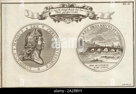 Medaglia così sul Köngl. Il ponte è stato impresso al Louvre di Parigi, medaglia con il ritratto di Luigi XIV e Pont Royal di Parigi 1685, firmato: I. W. Stör sc, Fig. 45, n. 56, dopo p. 96, Stör, Johann Wilhelm (sc.); Breitkopf, Bernhard Christoph (ed.), 1735, Carl Schramm cristiana: Historischer Schauplatz in welchem die merkwürdigsten Brücken aus allen Theilen der Welt, insonderheit aber die in den vollkommensten Stand versetzte Dresdner Elb-Brücke, in saubern Prospecten, Münzen und andern Kupferstichen, vorgestellet und beschrieben werden. Lipsia: Bey Bernhard Christoph Breitkopf, 1735 Foto Stock