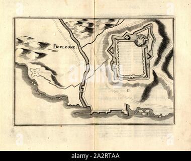 Boulogne, la pianta della fortezza a Boulogne-sur-Mer in Francia, Fig. 123, p. 16, 1661, Martin Zeiller: topographia" Galliae, oder Beschreibung und der Contrafaitung vornehmbsten und bekantisten Oerter in dem mächtigen und grossen Königreich Franckreich: beedes auss eygner Erfahrung und den besten und berühmbtesten Scribenten, così in underschiedlichen Spraachen davon aussgangen seyn, auch auss erlangten Bericht und Relationen von etlichen Jahren hero zusammen getragen, richtige in Ordnung gebracht und auff Begehren zum Druck verfertiget. Franckfurt am Mayn: in Verlag Caspar Merians, 1655-1661 Foto Stock