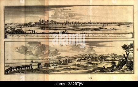 Avignone e Freius, Avignone e Fréjus in Francia, Fig. 316, p. 12, 1661, Martin Zeiller: topographia" Galliae, oder Beschreibung und der Contrafaitung vornehmbsten und bekantisten Oerter in dem mächtigen und grossen Königreich Franckreich: beedes auss eygner Erfahrung und den besten und berühmbtesten Scribenten, così in underschiedlichen Spraachen davon aussgangen seyn, auch auss erlangten Bericht und Relationen von etlichen Jahren hero zusammen getragen, richtige in Ordnung gebracht und auff Begehren zum Druck verfertiget. Franckfurt am Mayn: in Verlag Caspar Merians, 1655-1661 Foto Stock