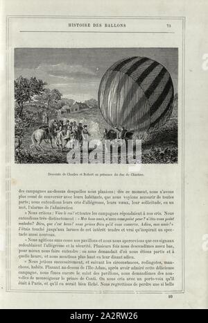 La discesa di Carlo e Robert in presenza del Duca di Chartres, Jacques Alexandre César Charles (1746-1823) e da Nicolas-Louis Robert aka Marie-Noël Robert (1760 1820) dopo lo sbarco del palloncino di idrogeno in Nesles-la-Vallée su dicembre 1, 1783, e Louis-Philippe II Giuseppe de Bourbon, duc d'Orléans, firmato: A. Tissandier; Tellier, Fig. 18, p. 73, Tissandier, Albert (dess.); Tellier, Edmond (sc.), 1876, Alfred Sircos ha; Th. Pallier: Histoire des Ballons et des ascensioni célèbres avec une préface de Nadar: dessins de A. Tissandier [...]. Parigi: F. Roy, 1876 Foto Stock