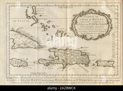 Mappa di Isola d'Hayti ..., mappa dell'isola di Haiti dal XVIII secolo, firmato: I. V. Schley direx, Fig. 1, p. 46, Schley, I. V. (dir.), 1747, Antoine François La Haye: Histoire Generale des Voyages: ou nouvelle collection de toutes les relations de voyages par mer et par terre, qui ont été publiées jusqu'à présent dans les différentes langues de toutes les Nations connues contenant ce qu'il y a de plus remarquable, [...]. La Haye: de Hondt, 1747-1768 Foto Stock