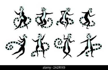 Grandi serie di simpatici e divertenti di lemuri. Semplice disegnato madagascar gli animali isolati su sfondo bianco. Illustrazione Vettoriale. Illustrazione Vettoriale
