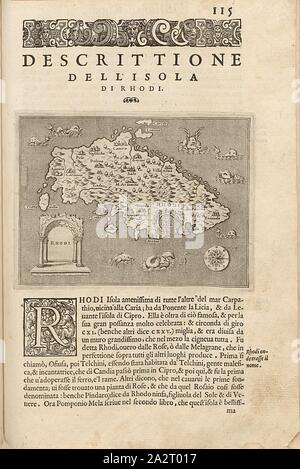 Rhodes, mappa dell'isola di Rodi, Fig. 27, p. 115, Porro, Girolamo (ill.), 1575, Thomaso Porcacchi, Girolamo Porro: L' isole piu famose del mondo. Il secondo libro. In veneto: apresso gli Heredi di Simon Galignani, 1590 Foto Stock