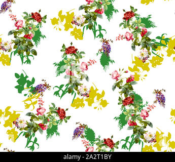 Little Rose. Seamless Pattern su sfondo bianco. Elegante struttura in stile Liberty per il tessuto, tessuto, carta da parati. Foto Stock