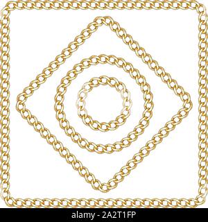 Preziose collane con uno sfondo bianco. Piazza di lusso e cerchio e catene d'oro illustrazione vettoriale. Pronto per la stampa tessile. Set 2. Illustrazione Vettoriale