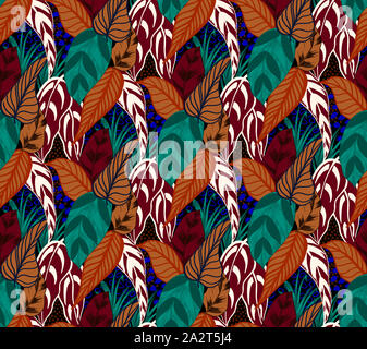 Bella retrò disegnati a mano, foglie di palme tropicali foresta, in linea disegna umore seamless design pattern per il tessuto di moda e tutte le stampe. su nero backg Foto Stock