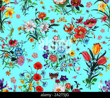 Seamless motivo floreale con luminosi fiori colorati con foglie su sfondo verde chiaro. L'elegante modello per stampe di moda. Motivi floreali moderni bac Foto Stock