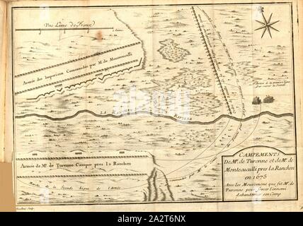 Campi del sig. de Turenne e il sig. de Montecuculli vicino al Ranchen nel 1675, Esercito lineup da Henri de La Tour d'Auvergne, vicomte de Turenne e Raimondo Conte Montecuccoli vicino Renchen, firmato: Dheulland sculp, Fig. 3, p. 334, Dheulland (sc.), Antoine de Pas Feuquières: M oires de M. le marquis de Feuquiere [...] contenans ses maximes sur la guerre, & l'application des esempi aux maximes. Londres: Chez Pierre Dunoyer Parigi: Chez Rollin fils, 1737 Foto Stock