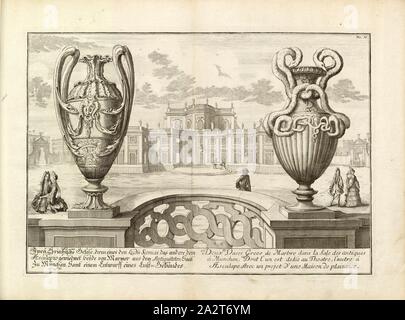 Due bicchieri di Greco, uno dei quali è il Ludis Scenicis, gli altri la Aesculapio ..., illustrazione di due navi greche e la progettazione di un edificio di piacere in background dal XVIII secolo, no. 10, p. 232, Johann Bernhard Fischer von Erlach: Entwurff einer historischen architettura, in Abbildung unterschiedener berühmten Gebäude, des Alterthums, und fremder Völcker, umb aus den Geschichtbüchern, Gedächtnüsz-Müntzen, Ruinen, und eingeholten wahrhafften Abriszen, vor Augen zu stellen [...]. I subacquei vasi antichi. Wien, 1721 Foto Stock