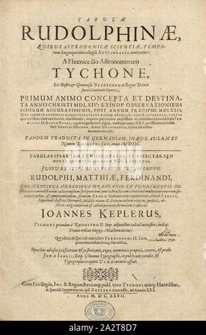 Rundtempel als Allegorie zur Geschichte der Astronomie, pagina titolo dell'opera, ill., 1, prima di p. 2, Kepler, Johannes (inv.); Coler, Georg (sc.), 1627, Johannes Kepler: Tabulae Rudolphinae, quibus astronomicae scientiae, temporum longinquitate collapsae restauratio continetur; un Phoenice illo astronomorum Tychone, ex illustri e generosa Braheorum nel regno Daniae familia oriundo equite, primum animo concepta et destinata anno Christi MDLXIV [...]. [Ulm]: [Jonas Saur], 1627 Foto Stock