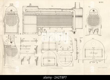 Varie costruzioni di nuova scatola di fuoco e le caldaie, boiler e focolare di locomotive, firmato: Heusinger v., W, Lith., v, J. Lehnhardt; Publisher v., Ch. W. Kreidel, piastra XXVI, dopo p. 175, Heusinger von Waldegg, Edmund; Lith. Anstalt von J. Lehnhardt (lith.); Christian Wilhelm Kreidel Verlag (ed.), Edmund Heusinger von Waldegg; Wilhelm Claus: Abbildung und Beschreibung der Locomotive-Maschine: nach den besten und neuesten Constructionen: unter Benutzung der englischen Werke von Tredgold, Kinnear Clark, und der Französischen Schriften von Le Chatelier, Flachat, Petiet, Polonceau, Mathias und Foto Stock