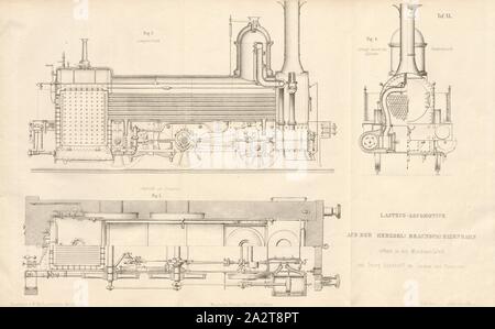 Carrello locomotore sul Herzogl. Braunsch. Ferrovia costruiti nella fabbrica di ingegneria di Georg Egestorff in Linden prima di Hannover, Fig. 3: la sezione longitudinale di Fig. 4: la vista frontale e la sezione attraverso il cilindro, Fig. 5: piano piano e la sezione attraverso il centro degli assi del cilindro etc, firmato: Heusinger v., W, Lith., v, J. Lehnhardt; Publisher v., Ch. W. Kreidel, piastra XL, p. 175, Heusinger von Waldegg, Edmund; Lith. Anstalt von J. Lehnhardt (lith.); Christian Wilhelm Kreidel Verlag (ed.), Edmund Heusinger von Waldegg; Wilhelm Claus: Abbildung und Beschreibung der locomotore- Foto Stock