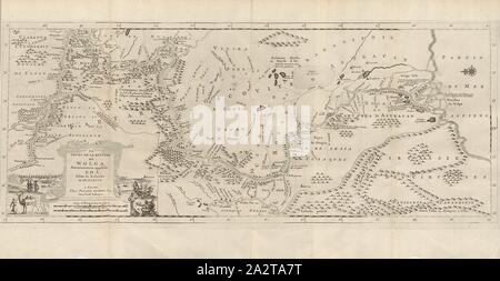 Il fiume Wolga Corso, precedentemente noto come Rha 2, mappa del corso del fiume Volga da Balachna alla bocca del mar Caspio dal XVIII secolo, firmato: Selon la relazione d'OLEARIUS., un LEIDE, Chez PIERRE VAN DER AA, Merchand Libraire, Fig. 25, dopo p. 396, Aa, Pierre vander (chez), 1727, Adam Olearius: Voyages très-curieux et très-renommez faits en Moscovie, Tartarie et Perse: dans lequels on trouve une descrizione curieuse & la situazione exacte des pays & etats, par où il a passé [...]. Bd.1. Un Amsterdam: chez Michel Charles Le Céne, 1727 Foto Stock