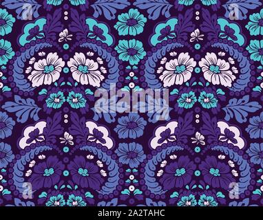 Seamless vintage floreale disegno vettoriale con foglie su sfondo blu scuro. Pronto per la stampa tessile. Illustrazione Vettoriale