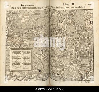 Contrafactura della città di Basilea, egli applica alla posizione originale del suo che egli aveva nell'anno 1549, Mappa di Basilea dal 1549, firmato: C.S, RMD, Fig. 33, pagg. 402 & 403, Schweicker, Christoph, 1549, Sebastian Münster: Cosmographiae universalis Lib. VI. in quibus, iuxta certioris fidei scriptorum traditionem describuntur, Omniu[m] habitabilis orbis partiu[m] situs [...] omnium gentium mores, leges, religio, Res gestae, mutationes [...]. Liber tertius. [Basilea]: [Petri], [1552 Foto Stock