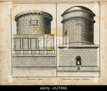 1. un monumento Plautii, 2. Mausoleo di Cecilia Metella, Mausoleo di Plauto e la tomba di Caecilia Metella in Roma, firmato: Graesel (fec.), Std., R. Weber, Tab. XXXVI, Graesel (fec.), Weber, Rudolf (Steindr.), Franz Heinrich Köhler: Urbs Roma: Ansichten der Tempel, Paläste, teatro, Anfiteatro, Triumphbogen, Porticus, Circi, Naumachieen, Basilieae, Grabmäler, Wasserleitungen, Thore, Bäder, Ehrensäulen, Obelisken ecc. Bd. 2. Lipsia: Köhler, 1829 Foto Stock