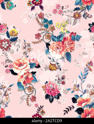 Astratta eleganza perfetta con motivo floreale rosa su sfondo colorato. Pronto per la stampa tessile. eleganza seamless pattern. Foto Stock