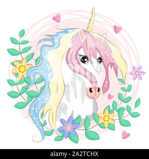 Unicorn faccia. Pony belle facce unicorns, corno magico in arcobaleno ghirlanda di fiori e pony simpatico testa di ciglia, fairytale arcobaleno cartoon magica isola Illustrazione Vettoriale