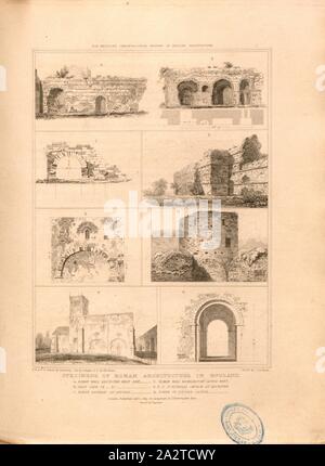 Esemplari di architettura romana in Inghilterra, vari esempi di architettura romana in Gran Bretagna, firmato: A, B, E, F. G disegnato da Ed., piuttosto, c, H da A. Pugin & D da Ed., Blore, Etch'd da J. Le Keux; pubblicato da Longman & Co, Fig. 1, p. 260, piuttosto, Edward (disegno); Pugin, Augusto Charles (disegno); Blore, Edward (disegno); Keux, John Le (etching), 1819, John Britton: l'antichità architettoniche di Gran Bretagna: rappresentato ed illustrato in una serie di viste, elevazioni, piani, le sezioni e i dettagli di vari antichi edifici inglese: con Storico descrittivo e conti di ogni Foto Stock