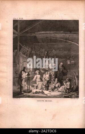 Cena russa, famiglia russa si riunisce per la cena, firmato: J. B. le Prince (CANC.), J. Ph. Le Bas (sculp.), incisione su rame, n. II, secondo p. 40 (vol. 1), Le Prince, Jean-Baptiste ; Le Bas, Jacques-Philippe, 1768, Jean Chappe d'Auteroche: Voyage en Sibérie fait par ordre du Roy en 1761: contenant les moeurs, les usi des Russes, et l'Etat attuale de cette potenze. Parigi: Chez Debure, 1768 Foto Stock