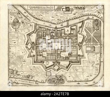 Charleville, sul bordo della Mosa nel Principaute Souveraine Darches, MAPPA DI CHARLEVILLE-MEZIERES sulla Mosa in Francia, Fig. 34, terza parte, dopo p. 8, Martin Zeiller: topographia" Galliae, oder Beschreibung und der Contrafaitung vornehmbsten und bekantisten Oerter in dem mächtigen und grossen Königreich Franckreich: beedes auss eygner Erfahrung und den besten und berühmbtesten Scribenten così in underschiedlichen Spraachen davon aussgangen seyn auch auss erlangten bericht- und Relationen von etlichen Jahren zusammengetragen eroe in richtige Ordnung gebracht und auff begehren zum Druck Foto Stock