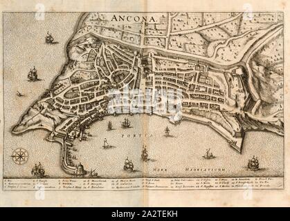 Ancona, Mappa di Ancona (Italia), Fig. 43, p. 200, 1640, Martin Zeiller: Itinerarium Italiae nov-antiquae oder Raiss-Beschreibung durch Italien: darinn nicht allein viel underschiedliche Weg durch das Welschland selbsten [...]. Frankfurt am Mayn: in Verlegung Matthaei Merians, M.DC.XL. [1640 Foto Stock