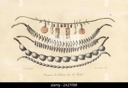 Ornemens degli abitanti delle isole Radak, Gioielli dall'isola di Radack, firmato: Lith. De Langlumé; dess., et lith., par Choris, Fig. 3, dopo p. 22, p. 227, Choris, Louis (dess.; lith.); Langlumé, Giuseppe (lith.), 1822, Louis Choris: pittoresco Voyage autour du monde avec des ritratti de sauvages d'Amérique, d'Asie, d'Afrique et des îles du Grand Ocean [...]. Parigi: Didot, 1822 Foto Stock
