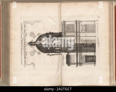 L'aspetto dell'interno ed esterno del tempio di San Carlo Bar. mentre la sua via, la Chiesa dei Santi Ambrogio e Carlo a Roma, Fig. 108, 52, dopo p. 94, Offizin Endter Nürnberg (imp.), 1775, Joachim Von Sandrart:Teutsche Academie der Bau- Bildhauer- und Maler-Kunst: worinn die Regeln und Lehrsätze dieser Künste gegeben, nicht weniger zu mehrerer Erläuterung die besten Exempel der alten und neuen Künstler in Kupfer beygefüget worden, wie solche in Rom auf das genaueste abgezeichnet sind: nebst den Lebensbeschreibungen der besten griechischen, römischen und neuen Künstler Foto Stock