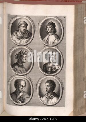 Giovanni da Fiesole Dominicanus Monac. Lippo Florentinus, Francesco Petrarca, Poëta Laura, Teofrasto Paracelso, Leone Battista Alberti Florentin., Ritratto di Fra Angelico, Filippino Lippi, Francesco Petrarca, Laura (figura letteraria in Petrarca Rime), Filippo Theophrastus Aureolus retorica di Hohenheim, Gio., Battista Alberti, Fig. 10, K, p. 64, 1774, Joachim Von Sandrart:Teutsche Academie der Bau- Bildhauer- und Maler-Kunst: worinn die Regeln und Lehrsätze dieser Künste gegeben, nicht weniger zu mehrerer Erläuterung die besten Exempel der alten und neuen Künstler in Kupfer beygefüget Foto Stock