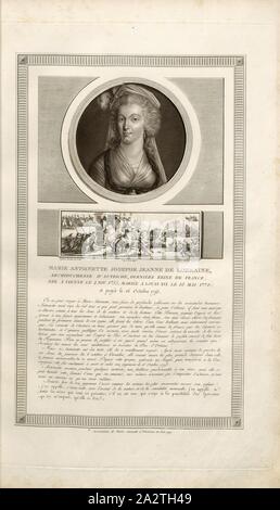 Maria Antonietta Josephe Joan di Lorena, Arciduchessa d'Austria, ultima regina di Francia, nato a Vienna il 9 novembre 2, 1755, sposata a Luigi XVI. Maggio 16, 1770; e giudicati in ottobre 16, 1793, ritratto di Maria Antonietta e di arresto di Maria Antonietta in Varennes in giugno 1791, firmato: Duplessi-Bertaux inv. Et del; Duplessi-Bertaux aqua forti, Fig. 5, p. 27, Duplessi Bertaux, Jean (inv. et canc.), Raccolta complète des tableaux historiques de la Révolution française en trois volumi [...]. Bd. 3. A Parigi: Chez Auber, Editeur, et seul Propriétaire: de l'Imprimerie de Pierre Didot l'aîné, un XI de Foto Stock