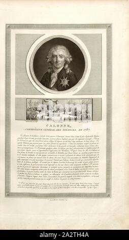 Calonne, controllore generale delle finanze, nel 1787, Ritratto di Charles Alexandre de Calonne e assemblea dei notabili a Versailles, firmato: Duplessi-Bertaux inv. Et del, Duplessi-Bertaux aqua forti, Fig. 6, p. 27, Duplessi Bertaux, Jean (inv. et del., aqua forti), Raccolta complète des tableaux historiques de la Révolution française en trois volumi [...]. Bd. 3. A Parigi: Chez Auber, Editeur, et seul Propriétaire: de l'Imprimerie de Pierre Didot l'aîné, un XI de la République Francçaise M. DCCCII Foto Stock