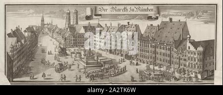 Il Marcth a Monaco di Baviera, Marienplatz con la Mariensäule a Monaco di Baviera (Germania), Fig. 6, secondo p. 2, Wening, Michael (CANC. et sc.), 1701, Michael Wening: Historico-topographica descriptio. Das ist: Beschreibung, dess Churfürsten- und Hertzogthumbs Ober- und Nidern Bayrn, welches in vier Theil oder Rennt-Aembter, als Oberlands München und Burgkhausen, Underlands aber in Landshuet unnd Straubing abgetheilt ist [...]. Thail 1. München: bey Johann Lucas Straub, gemma: lobl. Landtschafft Buchtruckern, anno M.DCCI. [1701 Foto Stock