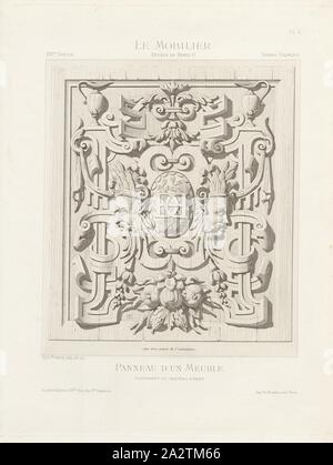 Pannello di mobili dal Castello Anett, ornamenti di mobili del XVI secolo (stile Henri II.), firmato: asta., Pfnor del. Et., Cap. Juliot; Imp. Ch. Chardon ainé, Pl. 4, dopo p. 8, Pfnor, Rodolphe (CANC. et sc.); Juliot, Ch. (Ed.); Chardon, Ch. ainé (imp.), Rodolphe Pfnor: Le mobilier de la Couronne et des grandes collections publiques et particulières du XIIIe siècle au XIXe siècle: mobilier civile. Mobilier religieux. Meubles, tentures, tapisseries, bronzi et objets d'arte de toutes les epoche accompagnés de dessins, grandezza d'exécution. Parigi: Ch. Juliot, Editeur: Librairie Générale Foto Stock