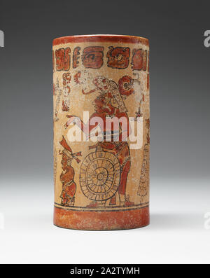 Vaso di cacao, la cultura Maya, 600-900, terrecotte figurate, 10 x 5-1/4 (diam.)., glifi Maya in alto., Arts nativo delle Americhe Foto Stock