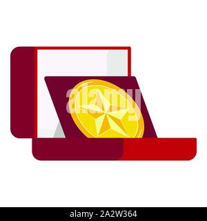 Champion golden forma rotonda decorata Medaglia con stella in open red velvet box isolati su sfondo bianco. Illustrazione Vettoriale