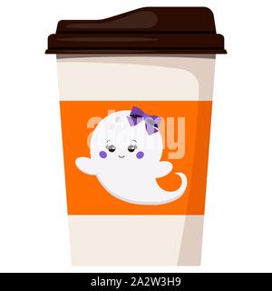 La carta di caffè o di tè Tazza decorata con battenti ragazza fantasma con archetto isolati su sfondo bianco piana del vettore in stile cartone animato Illustrazione Vettoriale