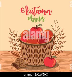 Poster in autunno con le mele nel cesto in vimini. Illustrazione Vettoriale