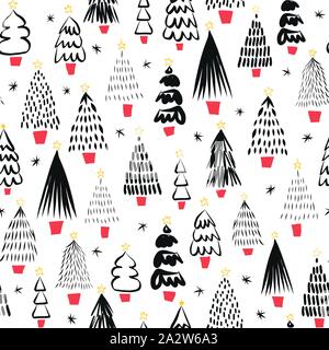 Abstract doodle alberi di Natale nero su bianco seamless disegno vettoriale. Vacanza moderna monocromatica in background. Schizzo cartoon design Natale per Illustrazione Vettoriale