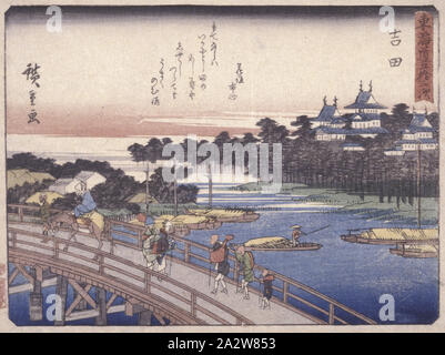 La stazione 35, Yoshida; Kyoka serie Tokaido, Utagawa Hiroshige 歌川広重 (giapponese, 1797-1858), circa 1840, Color Woodblock Stampa, 6-3/16 x 8-3/16 in. (Immagine), Arte Asiatica Foto Stock