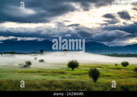 La nebbia di mattina e Creston Valley, British Columbia, Canada Foto Stock