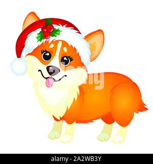 Carino cane giallo con cappuccio di Babbo Natale lingua teasing isolato su sfondo bianco. Schizzo del poster natalizio, invito alla festa Illustrazione Vettoriale