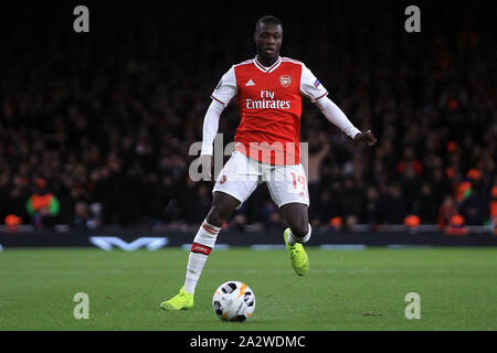 Londra, Regno Unito. 03 ott 2019. Nicolas Pepe di Arsenal in azione. La UEFA Europa League, gruppo F, Arsenal v Standard Liege a Emirates Stadium di Londra il giovedì 3 ottobre 2019. Questa immagine può essere utilizzata solo per scopi editoriali. Solo uso editoriale, è richiesta una licenza per uso commerciale. Nessun uso in scommesse, giochi o un singolo giocatore/club/league pubblicazioni . pic da Steffan Bowen/Andrew Orchard fotografia sportiva/Alamy Live news Credito: Andrew Orchard fotografia sportiva/Alamy Live News Foto Stock