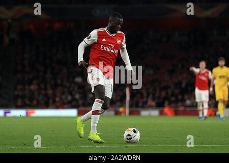 Londra, Regno Unito. 03 ott 2019. Nicolas Pepe di Arsenal in azione. La UEFA Europa League, gruppo F, Arsenal v Standard Liege a Emirates Stadium di Londra il giovedì 3 ottobre 2019. Questa immagine può essere utilizzata solo per scopi editoriali. Solo uso editoriale, è richiesta una licenza per uso commerciale. Nessun uso in scommesse, giochi o un singolo giocatore/club/league pubblicazioni . pic da Steffan Bowen/Andrew Orchard fotografia sportiva/Alamy Live news Credito: Andrew Orchard fotografia sportiva/Alamy Live News Foto Stock