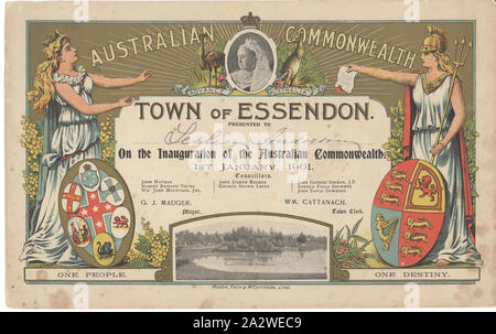 Certificato - Presentato a Leslie Anderson, Essendon, Victoria, 1901, certificato stampato da Mason, Firth & McCutcheon commemorando l inaugurazione del Commonwealth of Australia, 1 gennaio 1901. Esso è stato presentato a Leslie Anderson dalla città di Essendon. Il certificato ha figure femminili di Australia e Britannia; l'anticipo Australia bracci; una fotografia in bianco e nero di Queen Victoria e una fotografia del Queen's Park in Essendon. Elenca inoltre i nomi Foto Stock