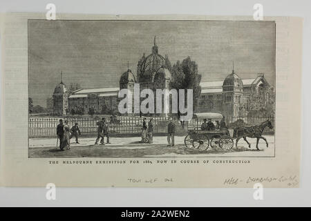 Stampa - "Il Melbourne Exhibition, ora in corso di costruzione", 1880, stampa da un giornale che mostra un sud-orientale della vista del quasi completato (Royal)l edificio delle esposizioni. La cupola è ancora in costruzione e ponteggi circonda le entrate. Le persone sono passando l'edificio sul piede e coperti in una carrozza trainata da cavalli. La Melbourne International Exhibition si è svolto dal 1 ottobre 1880 al 30 Apr 1881. L'(Royal) Exhibition Building, progettato da Joseph Reed Foto Stock