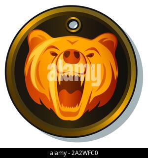 Pendente rotondo in metallo con l'immagine incisa del muso di un orso ringhiante isolato su sfondo bianco. Illustrazione di primo piano di un fumetto vettoriale. Illustrazione Vettoriale