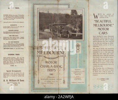 Foglio illustrativo - Garrese & Sons, 'Bellissima Melbourne, motore Char-a-banc Trips", 1911-1914, nome alternativo(s): Brochure - Charabanc viaggi, Touring Omnibus, motore Omnibus singola pagina flyer dotato di una immagine di un inizio di bus con i lati aperti e tetto coperto, affollata con ben vestito di passeggeri. Originariamente piegato in tre. Il flyer, intitolato 'Bellissima Melbourne, motore Char-a-banc Trips", pubblicizza viaggi in radianti charabanc fuori da Melbourne. La società vanta '28 HP Milnes Foto Stock