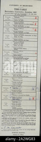 Calendario - Università di Melbourne, la matricola esame, Dec 1957, un calendario per l'Università di Melbourne la matricola esami, dicembre 1957. Questo calendario è stato rilasciato per JM Lancaster e lo ha informato che i suoi esami sono stati che si terrà alla Fiera di edifici a Fitzroy. Soggetti sotto esame incluso economia, espressione inglese, moderno e storia inglese e matematica. Molte lingue (es Olandese, Tedesco, Greco e Latino) sono state esaminate con entrambi Foto Stock